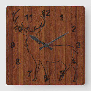 Reloj Cuadrado Ciervo Macho Grande Tallado En Madera Impreso