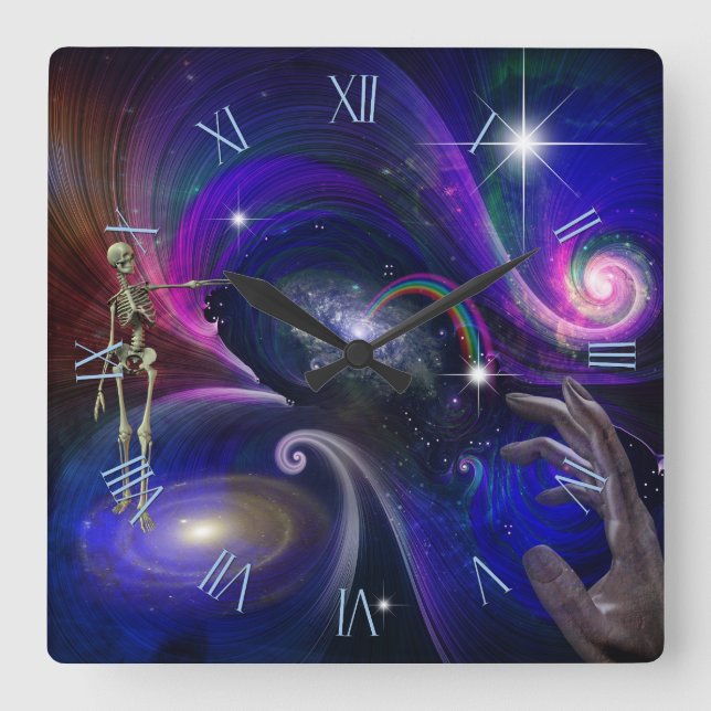 Reloj Cuadrado Cifras esqueléticas en cosmos (Anverso)