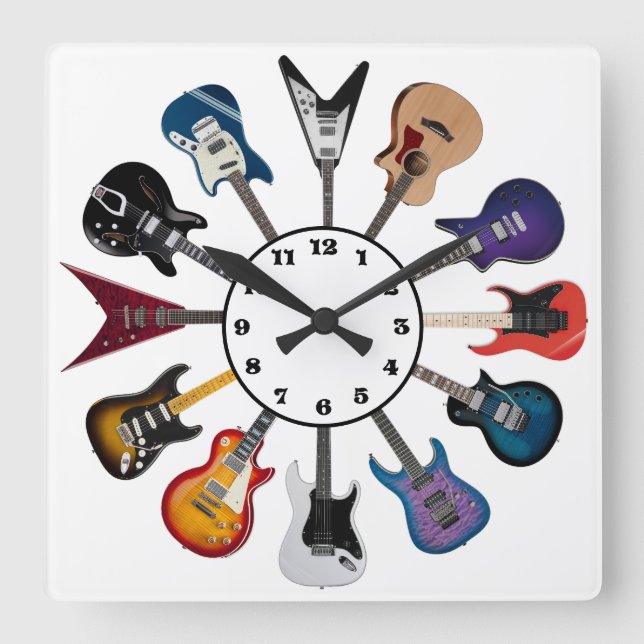 Reloj Cuadrado Círculo de Guitarra Eléctrica Blanco (Anverso)