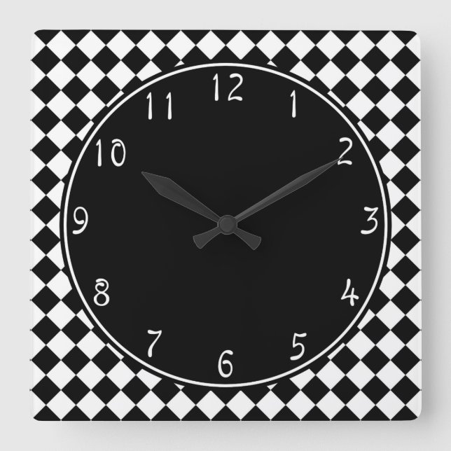 Reloj Cuadrado círculo negro sobre el patrón de tablero blanco (Anverso)
