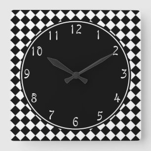 Reloj Cuadrado círculo negro sobre el patrón de tablero blanco