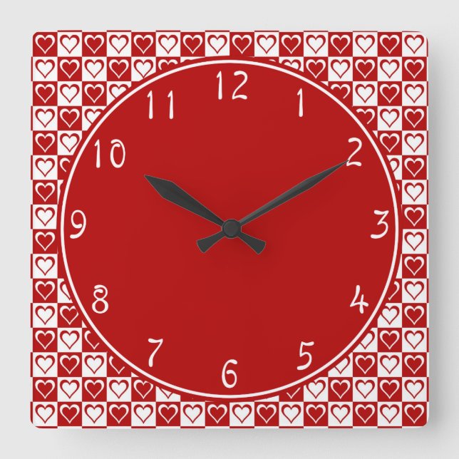 Reloj Cuadrado Círculo rojo con patrones de corazón a cuadros (Anverso)