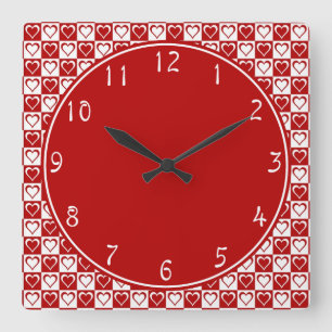 Reloj Cuadrado Círculo rojo con patrones de corazón a cuadros