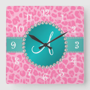 Reloj Cuadrado Círculo rosa claro de la turquesa del estampado