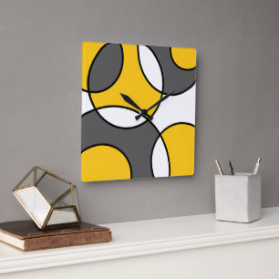 Reloj Cuadrado Círculos abstractos amarillos de blanco negro gri