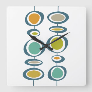 Reloj Cuadrado Círculos Funky Retro Moderno Colorido De Mediados 