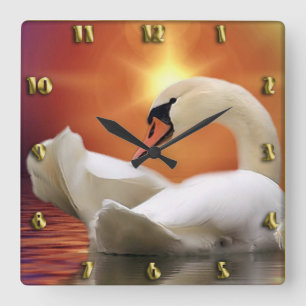 Reloj Cuadrado Cisne blanco en un lago con una puesta de sol en o