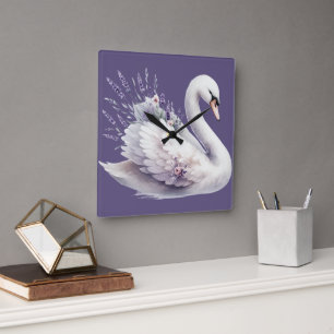 Reloj Cuadrado Cisne de Acuarela con Florales de Lavanda