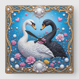 Reloj Cuadrado Cisnes de boda enmarcados con oro y flores