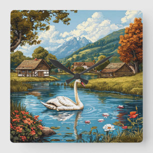 Reloj Cuadrado Cisnes Vintage Rústicos Paisaje Natural