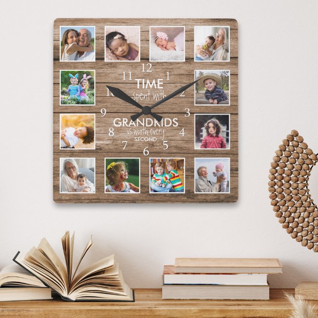 Reloj Cuadrado Cita De 12 Tiempos De Collage de fotos Con Nietos (12 Photo Collage Time Spent With Grandkids Quote Square Wall Clock
)