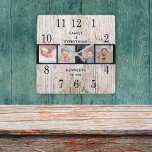 Reloj Cuadrado Cita de familia Rustic Wood 4 Collage de fotos<br><div class="desc">Rústico reloj de pared de madera personalizado con 4 fotos.El reloj familiar personalizado lo convierte en un regalo perfecto para todas las ocasiones. Personaliza con el nombre de la familia y la fecha establecida. La cita "Familia es todo" agrega un toque único al reloj de pared de fotos.</div>