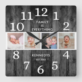 Reloj Cuadrado Cita de la familia fotográfica Rustic Black Reclai