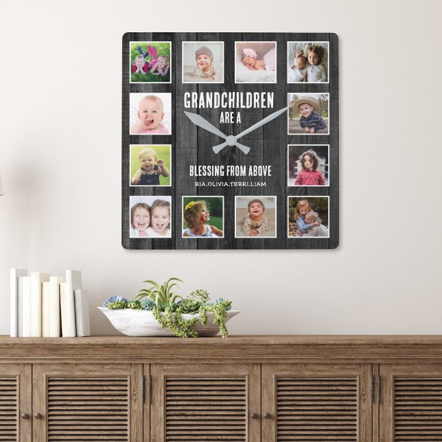 Reloj Cuadrado Cita de los nietos del colegio de imágenes Black W (Grandparents gift - grandchildren picture frame clock)