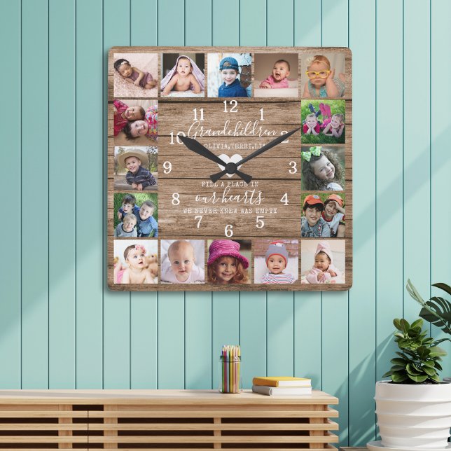 Reloj Cuadrado Cita de nietos de Collage de fotos Rustic Wood 16 (Subido por el creador)