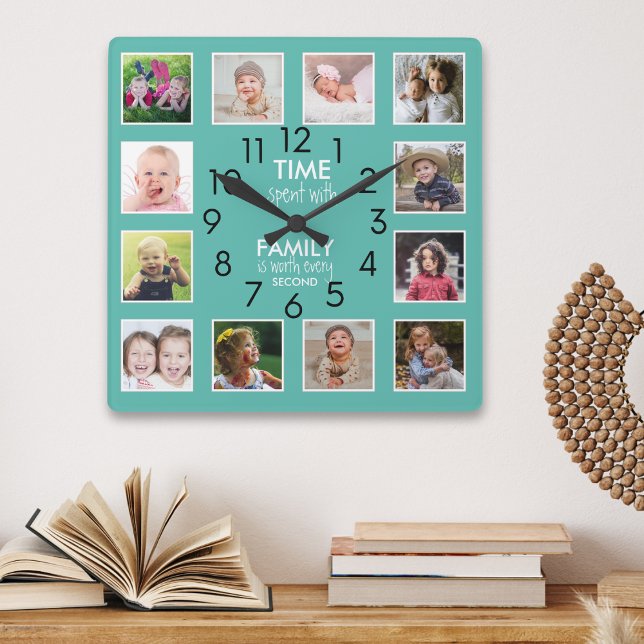 Reloj Cuadrado Cita de tiempo de familia de 12 Collages de fotos  (Modern 12 Photo Collage Family Time Quote Teal Square Wall Clock)