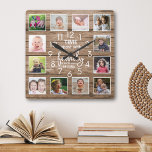 Reloj Cuadrado Cita de tiempo de familia Rustic Wood 12 Collage d<br><div class="desc">Reloj de fotos rústico de madera con la inspiradora cita familiar "El tiempo que pasa con la familia vale cada segundo". Personaliza con 12 de tus fotos familiares favoritas.</div>