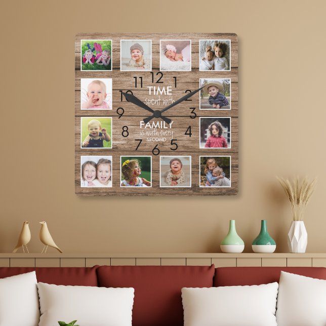 Reloj Cuadrado Cita de tiempo de familia Rustic Wood 12 Collages  (Subido por el creador)