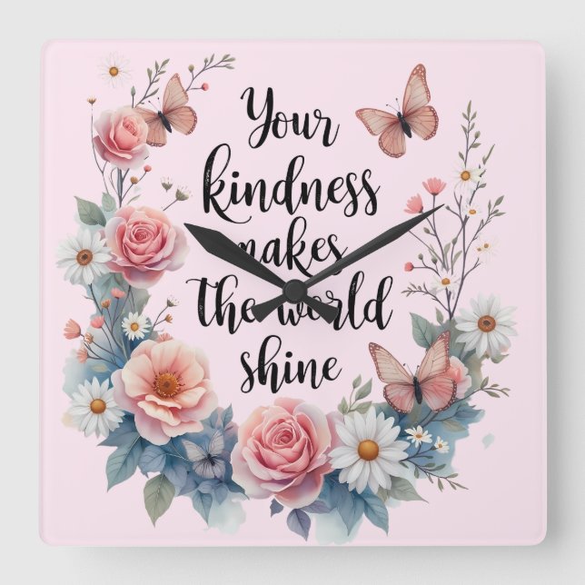 Reloj Cuadrado Cita floral inspiradora con mariposas (Anverso)