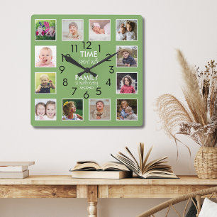 Reloj Cuadrado Cita moderna de 12 Collages de fotos de tiempo fam