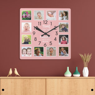 Reloj Cuadrado Cita moderna de 12 Collages de fotos de tiempo fam