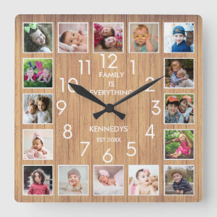 Reloj Cuadrado Cita personalizada de 16 Collages de fotos Madera