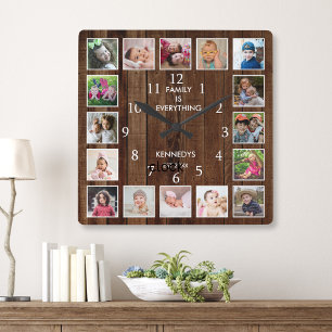 Reloj Cuadrado Cita personalizada de 16 fotos en madera oscura