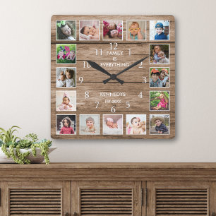 Reloj Cuadrado Cita personalizada de 16 fotos en madera rústica