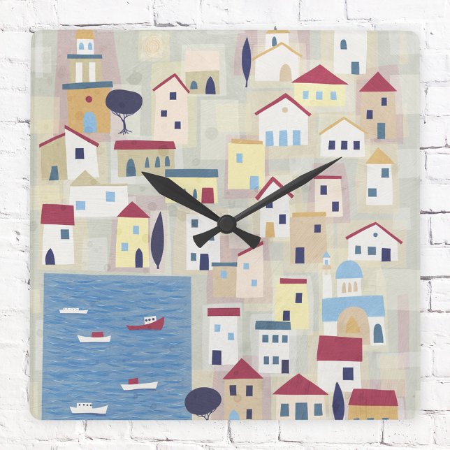 Reloj Cuadrado Ciudad griega moderna contemporánea (Halki Greece modern art clock)