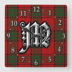 Reloj Cuadrado Clan Maxwell Letter M Monograma Tartán Verde Rojo