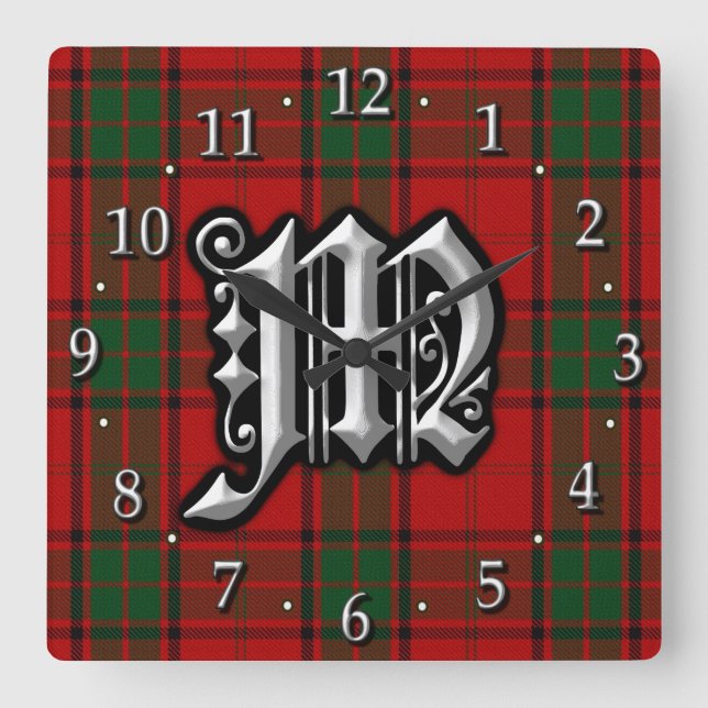Reloj Cuadrado Clan Maxwell Letter M Monograma Tartán Verde Rojo (Anverso)
