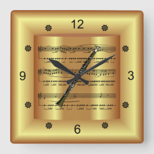 Reloj Cuadrado Clarinet ~ Curved Sheet Music ~ Gold Background ~