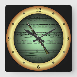 Reloj Cuadrado Clarinet ~ Hoja de música ~ Fondo Verde/Oro ~  