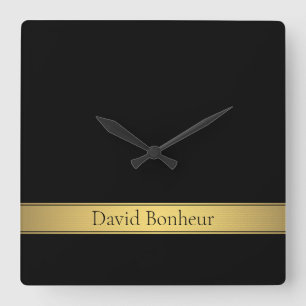 Reloj Cuadrado Clásica Faux Gold Stripe & Black Background o DIY