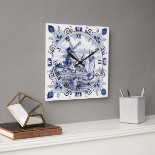 Reloj Cuadrado Clásico Chic Vintage Molino de Viento Holandés Del