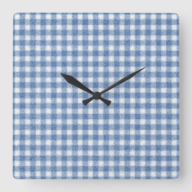 Reloj Cuadrado Clásico Cuadro Gingham Azul y Blanco (Anverso)