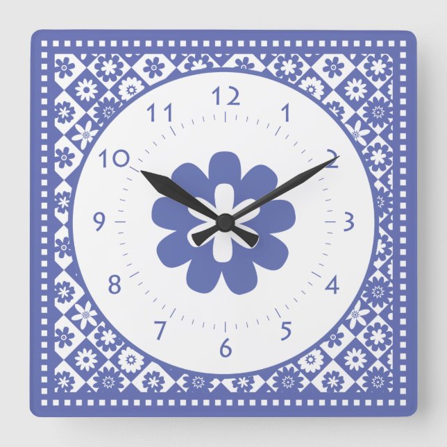 Reloj Cuadrado Clásico de cocina campestre azul y blanco estadoun (Anverso)