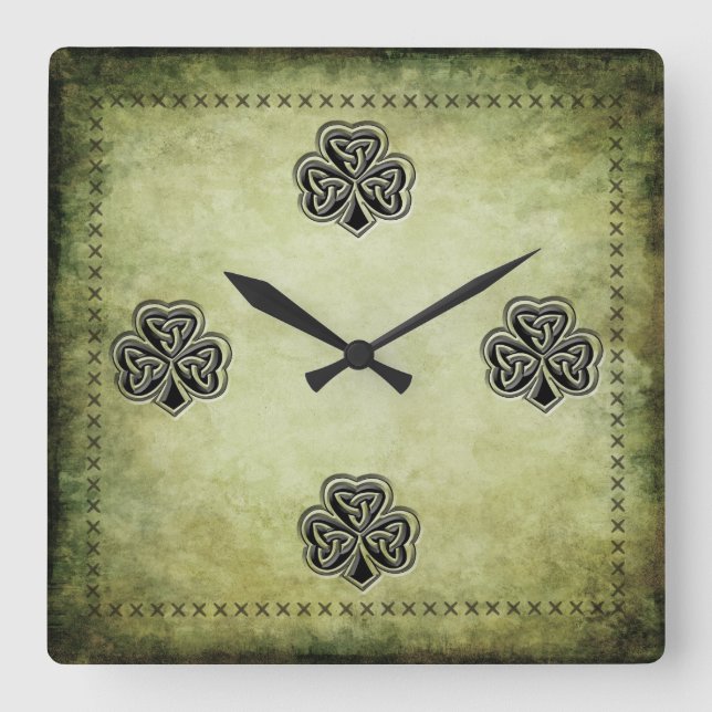 Reloj Cuadrado Clásico grunge irlandés afortunado shamrock (Anverso)