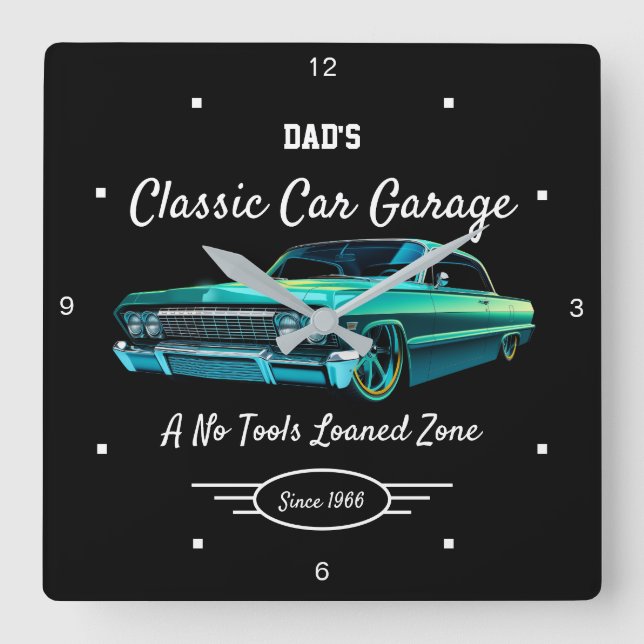 Reloj Cuadrado Classic Car Garage Dad's Green Car Name Black   (Anverso)