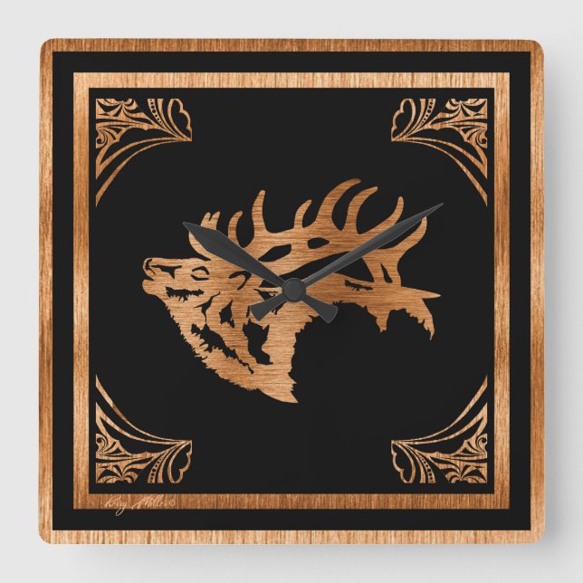 RELOJ CUADRADO CLASSY WOOD ELK SILHOUETTE (Anverso)
