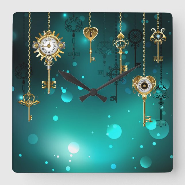 Reloj Cuadrado Claves de esqueleto antiguas sobre fondo verde (Anverso)