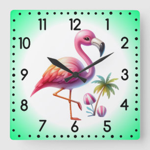 Reloj Cuadrado Clipart de flamenco de dibujos animados acuarela