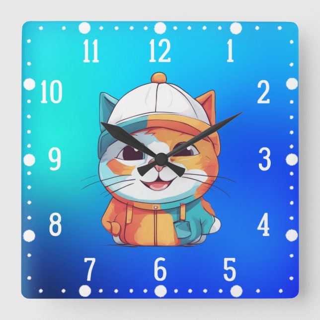 Reloj Cuadrado Clipart Gorra sonriente con gato (Anverso)