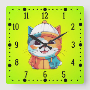 Reloj Cuadrado Clipart Gorra sonriente con gato