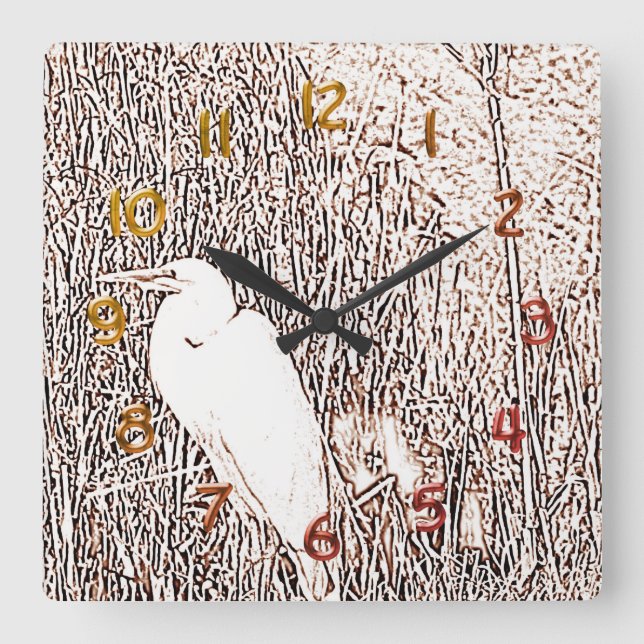 Reloj Cuadrado Clock - Egret in Grass (Anverso)