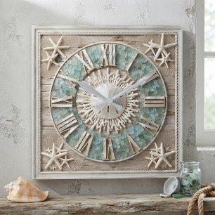 Reloj Cuadrado Coastal Sea Glass & Sand Dollar