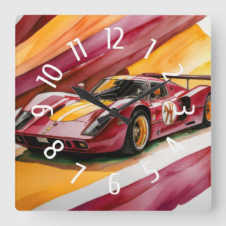 Reloj Cuadrado Coche de carreras rojo acuarela amarillo
