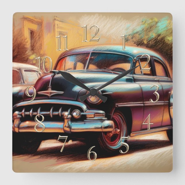 Reloj Cuadrado Coche de época de dibujo de Pastel 1950 (Anverso)