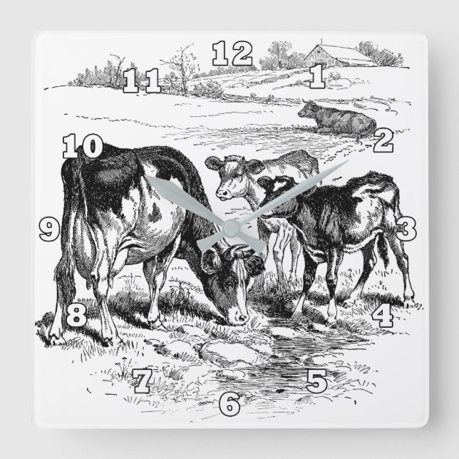 Reloj Cuadrado Cocina de vacas de granja con cosecha de vacas (Anverso)