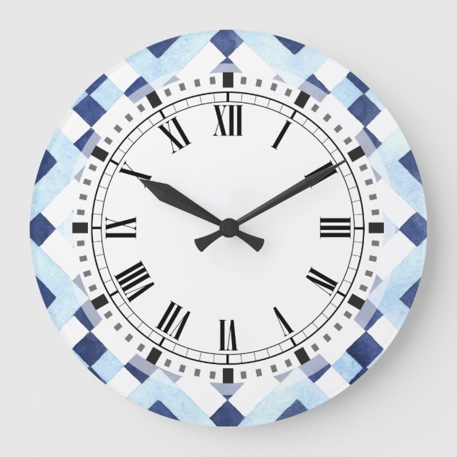Reloj Cuadrado Cocina geométrica marroquí azul y blanca (Anverso)